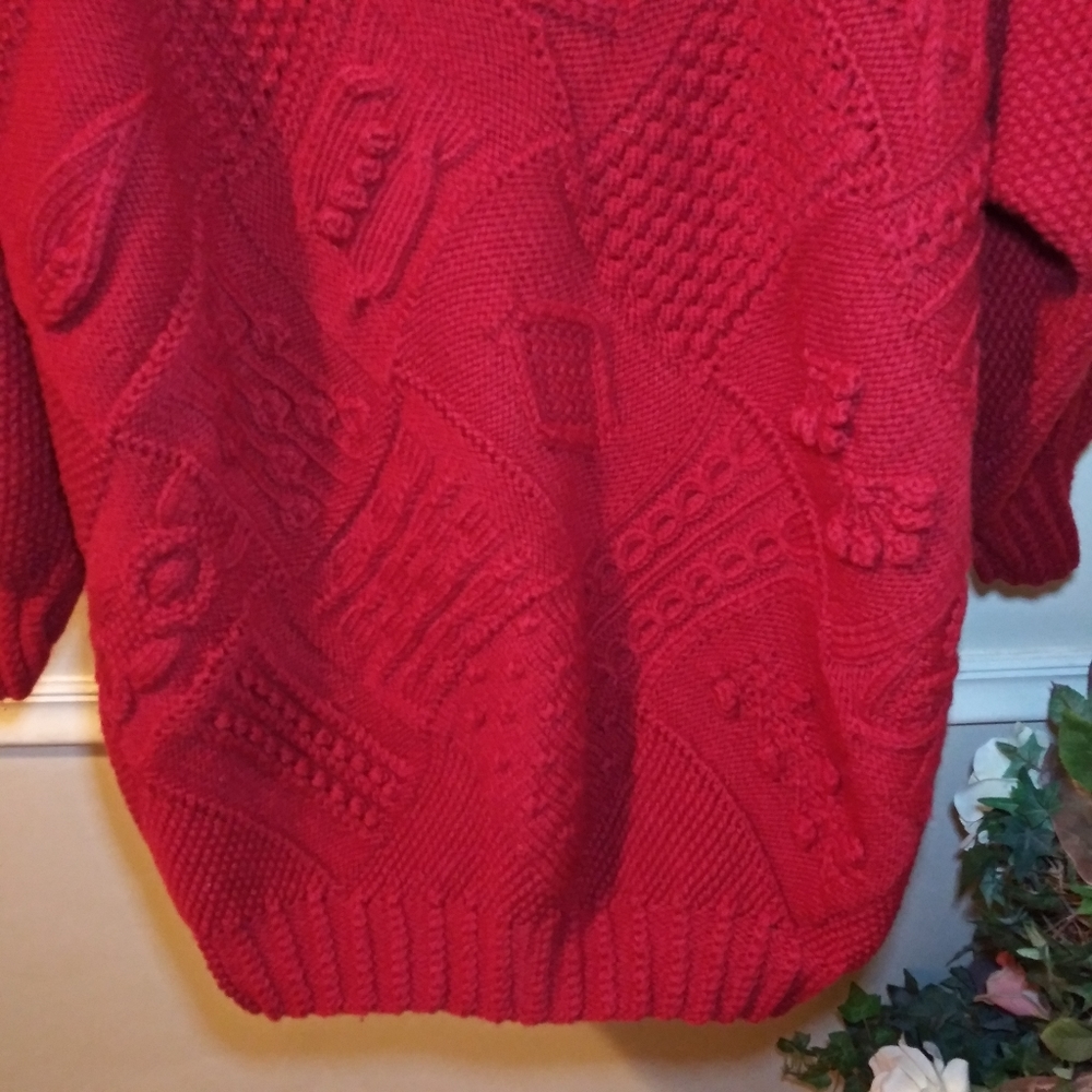 3/$18 Vintage Cottagecore Style Handknit Red Multi-Patterned Wool Sweater - Picture 11 of 13